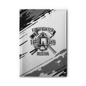 Обложка для автодокументов с принтом FIREFIGHTER 1649 RUSSIA в Санкт-Петербурге, натуральная кожа |  размер 19,9*13 см; внутри 4 больших “конверта” для документов и один маленький отдел — туда идеально встанут права | Тематика изображения на принте: 112 | 27 декабря | firefighter | багор | белая | герб | гкчс | знак | лого | логотип | маска | мчс | мчсник | пожарная охрана | пожарник | пожарный | пч | россии | рф | серая | символ | служба | состаренная