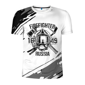 Мужская футболка 3D спортивная с принтом FIREFIGHTER 1649 RUSSIA в Санкт-Петербурге, 100% полиэстер с улучшенными характеристиками | приталенный силуэт, круглая горловина, широкие плечи, сужается к линии бедра | 112 | 27 декабря | firefighter | багор | белая | герб | гкчс | знак | лого | логотип | маска | мчс | мчсник | пожарная охрана | пожарник | пожарный | пч | россии | рф | серая | символ | служба | состаренная