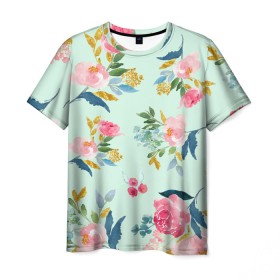 Мужская футболка 3D с принтом Цветы в Санкт-Петербурге, 100% полиэфир | прямой крой, круглый вырез горловины, длина до линии бедер | 2020 | summer | желтый | зеленый | летний принт | лето | розовые цветы | розовый | цветочки | цветы