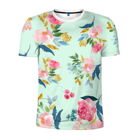 Мужская футболка 3D спортивная с принтом Цветы в Санкт-Петербурге, 100% полиэстер с улучшенными характеристиками | приталенный силуэт, круглая горловина, широкие плечи, сужается к линии бедра | 2020 | summer | желтый | зеленый | летний принт | лето | розовые цветы | розовый | цветочки | цветы