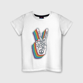 Детская футболка хлопок с принтом PEACE LOVE HOPE (Z) в Санкт-Петербурге, 100% хлопок | круглый вырез горловины, полуприлегающий силуэт, длина до линии бедер | hope | love | peace | два пальца | жесть | знак | любить | любовь | мир | радуга | хипи | хиппи