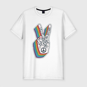 Мужская футболка хлопок Slim с принтом PEACE LOVE HOPE (Z) в Санкт-Петербурге, 92% хлопок, 8% лайкра | приталенный силуэт, круглый вырез ворота, длина до линии бедра, короткий рукав | hope | love | peace | два пальца | жесть | знак | любить | любовь | мир | радуга | хипи | хиппи