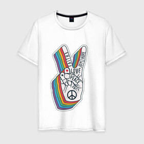 Мужская футболка хлопок с принтом PEACE LOVE HOPE (Z) в Санкт-Петербурге, 100% хлопок | прямой крой, круглый вырез горловины, длина до линии бедер, слегка спущенное плечо. | hope | love | peace | два пальца | жесть | знак | любить | любовь | мир | радуга | хипи | хиппи