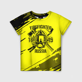 Детская футболка 3D с принтом FIREFIGHTER 1649 RUSSIA в Санкт-Петербурге, 100% гипоаллергенный полиэфир | прямой крой, круглый вырез горловины, длина до линии бедер, чуть спущенное плечо, ткань немного тянется | 112 | firefighter | багор | герб | гкчс | желтая | знак | лого | логотип | мчс | мчсник | пожарная охрана | пожарник | пожарный | пч | россии | рф | серая | символ | служба | спасатель | спасения | топор | флаг