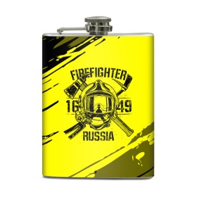 Фляга с принтом FIREFIGHTER 1649 RUSSIA в Санкт-Петербурге, металлический корпус | емкость 0,22 л, размер 125 х 94 мм. Виниловая наклейка запечатывается полностью | 112 | firefighter | багор | герб | гкчс | желтая | знак | лого | логотип | мчс | мчсник | пожарная охрана | пожарник | пожарный | пч | россии | рф | серая | символ | служба | спасатель | спасения | топор | флаг