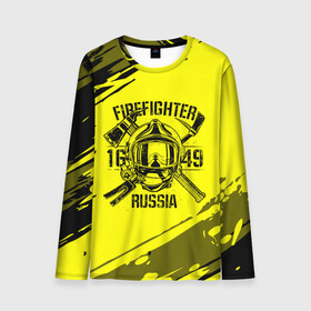 Мужской лонгслив 3D с принтом FIREFIGHTER 1649 RUSSIA в Санкт-Петербурге, 100% полиэстер | длинные рукава, круглый вырез горловины, полуприлегающий силуэт | Тематика изображения на принте: 112 | firefighter | багор | герб | гкчс | желтая | знак | лого | логотип | мчс | мчсник | пожарная охрана | пожарник | пожарный | пч | россии | рф | серая | символ | служба | спасатель | спасения | топор | флаг