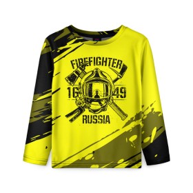Детский лонгслив 3D с принтом FIREFIGHTER 1649 RUSSIA в Санкт-Петербурге, 100% полиэстер | длинные рукава, круглый вырез горловины, полуприлегающий силуэт
 | 112 | firefighter | багор | герб | гкчс | желтая | знак | лого | логотип | мчс | мчсник | пожарная охрана | пожарник | пожарный | пч | россии | рф | серая | символ | служба | спасатель | спасения | топор | флаг