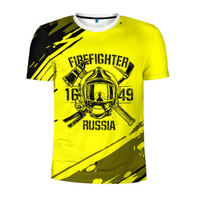 Мужская футболка 3D спортивная с принтом FIREFIGHTER 1649 RUSSIA в Санкт-Петербурге, 100% полиэстер с улучшенными характеристиками | приталенный силуэт, круглая горловина, широкие плечи, сужается к линии бедра | 112 | firefighter | багор | герб | гкчс | желтая | знак | лого | логотип | мчс | мчсник | пожарная охрана | пожарник | пожарный | пч | россии | рф | серая | символ | служба | спасатель | спасения | топор | флаг