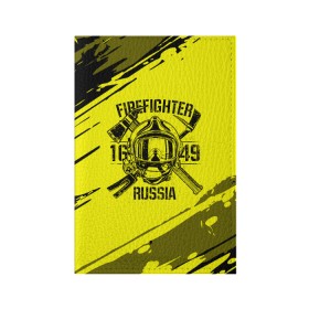 Обложка для паспорта матовая кожа с принтом FIREFIGHTER 1649 RUSSIA в Санкт-Петербурге, натуральная матовая кожа | размер 19,3 х 13,7 см; прозрачные пластиковые крепления | 112 | firefighter | багор | герб | гкчс | желтая | знак | лого | логотип | мчс | мчсник | пожарная охрана | пожарник | пожарный | пч | россии | рф | серая | символ | служба | спасатель | спасения | топор | флаг