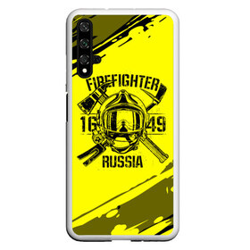 Чехол для Honor 20 с принтом FIREFIGHTER 1649 RUSSIA в Санкт-Петербурге, Силикон | Область печати: задняя сторона чехла, без боковых панелей | 112 | firefighter | багор | герб | гкчс | желтая | знак | лого | логотип | мчс | мчсник | пожарная охрана | пожарник | пожарный | пч | россии | рф | серая | символ | служба | спасатель | спасения | топор | флаг