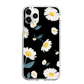 Чехол для iPhone 11 Pro Max матовый с принтом Ромашки в Санкт-Петербурге, Силикон |  | белый | для девушек | желтый | летний принт | листочки цветов | ромашка | ромашки | цветочки | цветы | черный фон