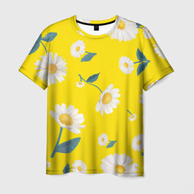 Мужская футболка 3D с принтом Ромашки в Санкт-Петербурге, 100% полиэфир | прямой крой, круглый вырез горловины, длина до линии бедер | белый | для девушек | желтый | желтый фон | летний принт | листочки цветов | ромашка | ромашки | цветочки | цветы