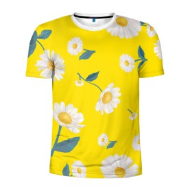 Мужская футболка 3D спортивная с принтом Ромашки в Санкт-Петербурге, 100% полиэстер с улучшенными характеристиками | приталенный силуэт, круглая горловина, широкие плечи, сужается к линии бедра | белый | для девушек | желтый | желтый фон | летний принт | листочки цветов | ромашка | ромашки | цветочки | цветы