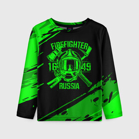 Детский лонгслив 3D с принтом FIREFIGHTER 1649 RUSSIA в Санкт-Петербурге, 100% полиэстер | длинные рукава, круглый вырез горловины, полуприлегающий силуэт
 | 112 | firefighter | багор | герб | гкчс | зеленая | знак | лого | логотип | мчс | мчсник | пожарная охрана | пожарник | пожарный | пч | россии | рф | серая | символ | служба | спасатель | спасения | топор | флаг