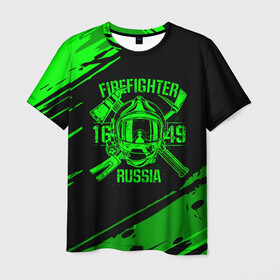 Мужская футболка 3D с принтом FIREFIGHTER 1649 RUSSIA в Санкт-Петербурге, 100% полиэфир | прямой крой, круглый вырез горловины, длина до линии бедер | 112 | firefighter | багор | герб | гкчс | зеленая | знак | лого | логотип | мчс | мчсник | пожарная охрана | пожарник | пожарный | пч | россии | рф | серая | символ | служба | спасатель | спасения | топор | флаг