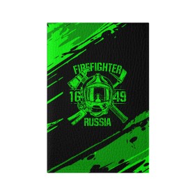 Обложка для паспорта матовая кожа с принтом FIREFIGHTER 1649 RUSSIA в Санкт-Петербурге, натуральная матовая кожа | размер 19,3 х 13,7 см; прозрачные пластиковые крепления | 112 | firefighter | багор | герб | гкчс | зеленая | знак | лого | логотип | мчс | мчсник | пожарная охрана | пожарник | пожарный | пч | россии | рф | серая | символ | служба | спасатель | спасения | топор | флаг
