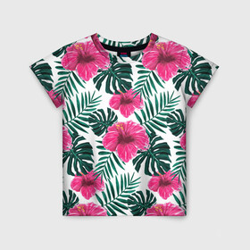 Детская футболка 3D с принтом Гавайский гибискус в Санкт-Петербурге, 100% гипоаллергенный полиэфир | прямой крой, круглый вырез горловины, длина до линии бедер, чуть спущенное плечо, ткань немного тянется | flower | hawaii | hibiscus | palms | summer | sun | ботаника | гаваи | гавайи | гавайка | гавайская | гибискус | красочная | летняя | лето | листья | отдых | отпуск | пальма | пальмы | пляж | растения | символ