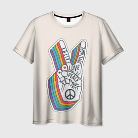Мужская футболка 3D с принтом PEACE and LOVE (Z) в Санкт-Петербурге, 100% полиэфир | прямой крой, круглый вырез горловины, длина до линии бедер | hope | love | peace | два пальца | жесть | знак | любить | любовь | мир | радуга | хипи | хиппи
