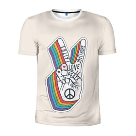 Мужская футболка 3D спортивная с принтом PEACE and LOVE (Z) в Санкт-Петербурге, 100% полиэстер с улучшенными характеристиками | приталенный силуэт, круглая горловина, широкие плечи, сужается к линии бедра | hope | love | peace | два пальца | жесть | знак | любить | любовь | мир | радуга | хипи | хиппи