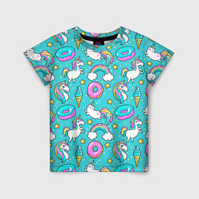 Детская футболка 3D с принтом Turquoise unicorn в Санкт-Петербурге, 100% гипоаллергенный полиэфир | прямой крой, круглый вырез горловины, длина до линии бедер, чуть спущенное плечо, ткань немного тянется | Тематика изображения на принте: cat | donuts | turquoise | unicorn | бирюзовый | единорог | котики | пончики
