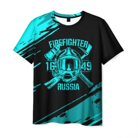 Мужская футболка 3D с принтом FIREFIGHTER 1649 RUSSIA в Санкт-Петербурге, 100% полиэфир | прямой крой, круглый вырез горловины, длина до линии бедер | 112 | firefighter | багор | бирюзовая | герб | гкчс | голубая | знак | лого | логотип | мчс | мчсник | пожарная охрана | пожарник | пожарный | пч | россии | рф | серая | символ | синяя | служба | спасатель