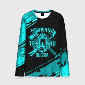 Мужской лонгслив 3D с принтом FIREFIGHTER 1649 RUSSIA в Санкт-Петербурге, 100% полиэстер | длинные рукава, круглый вырез горловины, полуприлегающий силуэт | 112 | firefighter | багор | бирюзовая | герб | гкчс | голубая | знак | лого | логотип | мчс | мчсник | пожарная охрана | пожарник | пожарный | пч | россии | рф | серая | символ | синяя | служба | спасатель