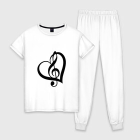 Женская пижама хлопок с принтом Скрипичный ключ в сердце в Санкт-Петербурге, 100% хлопок | брюки и футболка прямого кроя, без карманов, на брюках мягкая резинка на поясе и по низу штанин | 