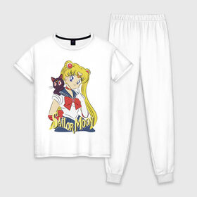 Женская пижама хлопок с принтом Sailor Moon & Luna в Санкт-Петербурге, 100% хлопок | брюки и футболка прямого кроя, без карманов, на брюках мягкая резинка на поясе и по низу штанин | Тематика изображения на принте: cat | girl | kitty | luna | moon | sailor moon | sailormoon | девочка | кот | котик | котэ | кошка | луна | мультяшка | сейлормун | сэйлор мун
