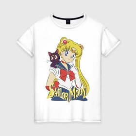 Женская футболка хлопок с принтом Sailor Moon & Luna в Санкт-Петербурге, 100% хлопок | прямой крой, круглый вырез горловины, длина до линии бедер, слегка спущенное плечо | cat | girl | kitty | luna | moon | sailor moon | sailormoon | девочка | кот | котик | котэ | кошка | луна | мультяшка | сейлормун | сэйлор мун