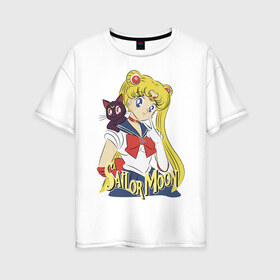 Женская футболка хлопок Oversize с принтом Sailor Moon & Luna в Санкт-Петербурге, 100% хлопок | свободный крой, круглый ворот, спущенный рукав, длина до линии бедер
 | cat | girl | kitty | luna | moon | sailor moon | sailormoon | девочка | кот | котик | котэ | кошка | луна | мультяшка | сейлормун | сэйлор мун