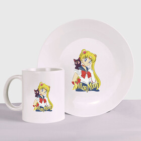 Набор: тарелка + кружка с принтом Sailor Moon & Luna в Санкт-Петербурге, керамика | Кружка: объем — 330 мл, диаметр — 80 мм. Принт наносится на бока кружки, можно сделать два разных изображения. 
Тарелка: диаметр - 210 мм, диаметр для нанесения принта - 120 мм. | Тематика изображения на принте: cat | girl | kitty | luna | moon | sailor moon | sailormoon | девочка | кот | котик | котэ | кошка | луна | мультяшка | сейлормун | сэйлор мун