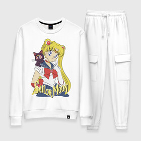 Женский костюм хлопок с принтом Sailor Moon & Luna в Санкт-Петербурге, 100% хлопок | на свитшоте круглая горловина, мягкая резинка по низу. Брюки заужены к низу, на них два вида карманов: два 