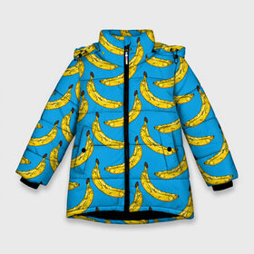 Зимняя куртка для девочек 3D с принтом Go Bananas в Санкт-Петербурге, ткань верха — 100% полиэстер; подклад — 100% полиэстер, утеплитель — 100% полиэстер. | длина ниже бедра, удлиненная спинка, воротник стойка и отстегивающийся капюшон. Есть боковые карманы с листочкой на кнопках, утяжки по низу изделия и внутренний карман на молнии. 

Предусмотрены светоотражающий принт на спинке, радужный светоотражающий элемент на пуллере молнии и на резинке для утяжки. | Тематика изображения на принте: food | fruits | банан | бананчики | бананы | вкусняшки | десерт | джунгли | еда | летний | лето | море | обезьяна | овощи | океан | острова | отдых | отпуск | пальмы | плоды | пляж | природа | рай | сладкие