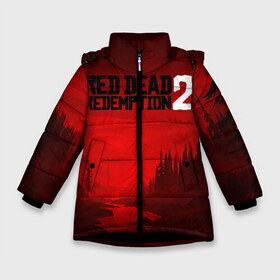Зимняя куртка для девочек 3D с принтом Red Dead Redemption 2 в Санкт-Петербурге, ткань верха — 100% полиэстер; подклад — 100% полиэстер, утеплитель — 100% полиэстер. | длина ниже бедра, удлиненная спинка, воротник стойка и отстегивающийся капюшон. Есть боковые карманы с листочкой на кнопках, утяжки по низу изделия и внутренний карман на молнии. 

Предусмотрены светоотражающий принт на спинке, радужный светоотражающий элемент на пуллере молнии и на резинке для утяжки. | john marston | rdr2 | red dead | red dead redemption 2 | redemption 2 | rockstar | вестерн | выкуп | запад | ковбой | красный | мертвый | приключения | шутер