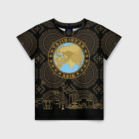 Детская футболка 3D с принтом Таджикистан в Санкт-Петербурге, 100% гипоаллергенный полиэфир | прямой крой, круглый вырез горловины, длина до линии бедер, чуть спущенное плечо, ткань немного тянется | arch | asia | city | crown | emblem | globe | map | ornament | patterns | republic | silhouette | stars | state | tajikistan | азия | архитектура | ашхабад | глобус | город | государство | звезды | карта | корона | орнамент | республика | силуэт | таджики