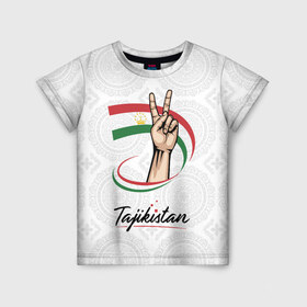 Детская футболка 3D с принтом Таджикистан в Санкт-Петербурге, 100% гипоаллергенный полиэфир | прямой крой, круглый вырез горловины, длина до линии бедер, чуть спущенное плечо, ткань немного тянется | asia | crown | emblem | flag | gesture | hand | republic | sign | stars | state | tajikistan | victory | азия | государство | жест | звезды | знак | корона | победа | республика | рука | таджикистан | флаг | эмблема