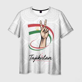 Мужская футболка 3D с принтом Таджикистан в Санкт-Петербурге, 100% полиэфир | прямой крой, круглый вырез горловины, длина до линии бедер | asia | crown | emblem | flag | gesture | hand | republic | sign | stars | state | tajikistan | victory | азия | государство | жест | звезды | знак | корона | победа | республика | рука | таджикистан | флаг | эмблема