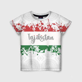 Детская футболка 3D с принтом Таджикистан в Санкт-Петербурге, 100% гипоаллергенный полиэфир | прямой крой, круглый вырез горловины, длина до линии бедер, чуть спущенное плечо, ткань немного тянется | asia | blots | drops | flag | paint | republic of tajikistan | splashes | state | азия | брызги | государство | капли | кляксы | краска | республика | таджикистан | флаг