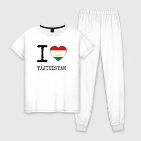 Женская пижама хлопок с принтом Таджикистан в Санкт-Петербурге, 100% хлопок | брюки и футболка прямого кроя, без карманов, на брюках мягкая резинка на поясе и по низу штанин | asia | coat of arms | flag | heart | i | love | ornament | patterns | republic | state | tajikistan | азия | герб | государство | люблю | орнамент | республика | сердце | таджикистан | узоры | флаг | я