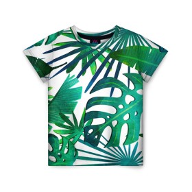 Детская футболка 3D с принтом Тропические листья на светлом в Санкт-Петербурге, 100% гипоаллергенный полиэфир | прямой крой, круглый вырез горловины, длина до линии бедер, чуть спущенное плечо, ткань немного тянется | 
