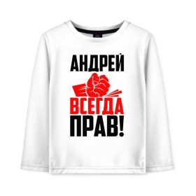 Детский лонгслив хлопок с принтом Андрей всегда прав! в Санкт-Петербурге, 100% хлопок | круглый вырез горловины, полуприлегающий силуэт, длина до линии бедер | Тематика изображения на принте: андрей | андрейка | андрон | андрюня | андрюха | андрюша | дрон | злой | имена | именная | имя | искры | кисть | красная | кулак | кулаком | мужик | надпись | подпись | рука | с именем | строгий | стук | удар