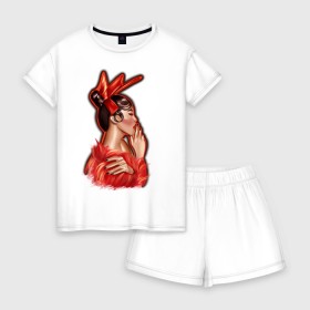 Женская пижама с шортиками хлопок с принтом Девушка в красном в Санкт-Петербурге, 100% хлопок | футболка прямого кроя, шорты свободные с широкой мягкой резинкой | girl | девушка в красном | огненная девушка | японка