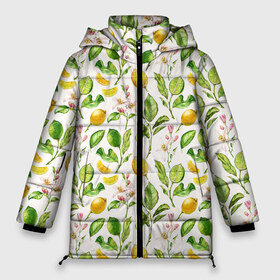 Женская зимняя куртка 3D с принтом Летний узор лимон ветки листья в Санкт-Петербурге, верх — 100% полиэстер; подкладка — 100% полиэстер; утеплитель — 100% полиэстер | длина ниже бедра, силуэт Оверсайз. Есть воротник-стойка, отстегивающийся капюшон и ветрозащитная планка. 

Боковые карманы с листочкой на кнопках и внутренний карман на молнии | ботаника | ветки | кислый | летний | лимонад | лимончики | лимоны | листья | паттерн | узор | цветы | цитрусовые