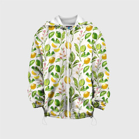 Детская куртка 3D с принтом Летний узор лимон ветки листья в Санкт-Петербурге, 100% полиэстер | застежка — молния, подол и капюшон оформлены резинкой с фиксаторами, по бокам — два кармана без застежек, один потайной карман на груди, плотность верхнего слоя — 90 г/м2; плотность флисового подклада — 260 г/м2 | ботаника | ветки | кислый | летний | лимонад | лимончики | лимоны | листья | паттерн | узор | цветы | цитрусовые