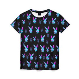 Женская футболка 3D с принтом Playboy в Санкт-Петербурге, 100% полиэфир ( синтетическое хлопкоподобное полотно) | прямой крой, круглый вырез горловины, длина до линии бедер | playboy | абстракция | зая | заяц | краска | кролик | кролик плейбой | лето | море | неон | отдых | плейбой | плэйбой | пляж | текстура