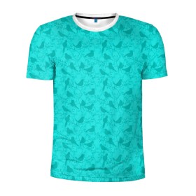 Мужская футболка 3D спортивная с принтом Зеленые птицы летний узор в Санкт-Петербурге, 100% полиэстер с улучшенными характеристиками | приталенный силуэт, круглая горловина, широкие плечи, сужается к линии бедра | бежевый | бирюзовый | зеленый | нейтральный | паттерн | повседневный | принт | природа | птицы | птички | светлый | силуэты | узор