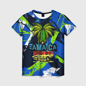 Женская футболка 3D с принтом Jamaica Roots and reggae в Санкт-Петербурге, 100% полиэфир ( синтетическое хлопкоподобное полотно) | прямой крой, круглый вырез горловины, длина до линии бедер | jamaica | reggae | roots | летняя | лето | надпись | пальма | раста | регги | рэгги | текст | фраза | ямайка