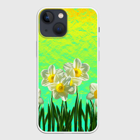 Чехол для iPhone 13 mini с принтом Солнечные Нарциссы в Санкт-Петербурге,  |  | flowers | nature | summer | sun | бутоны | зелень | кислотный | краски | лазурный | лепестки | летний | лето | листья | нарцисс | нарциссы | неоновый | поле | природа | растения | ромашки | сад | солнечный | солнце