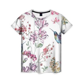 Женская футболка 3D с принтом Колибри в Санкт-Петербурге, 100% полиэфир ( синтетическое хлопкоподобное полотно) | прямой крой, круглый вырез горловины, длина до линии бедер | арт | колибри | краски | птица | птичка | рисунок | цветы