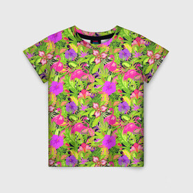 Детская футболка 3D с принтом Flamingo | Tropical в Санкт-Петербурге, 100% гипоаллергенный полиэфир | прямой крой, круглый вырез горловины, длина до линии бедер, чуть спущенное плечо, ткань немного тянется | flamingo | flamingos | flower | flowers | neon | pink | rose | summer | девочке | девушке | красивая | летняя | неон | парню | подарок | прикольная | приятная | роза | розовая | стильная | текстура | тропики | фламинго | цветок